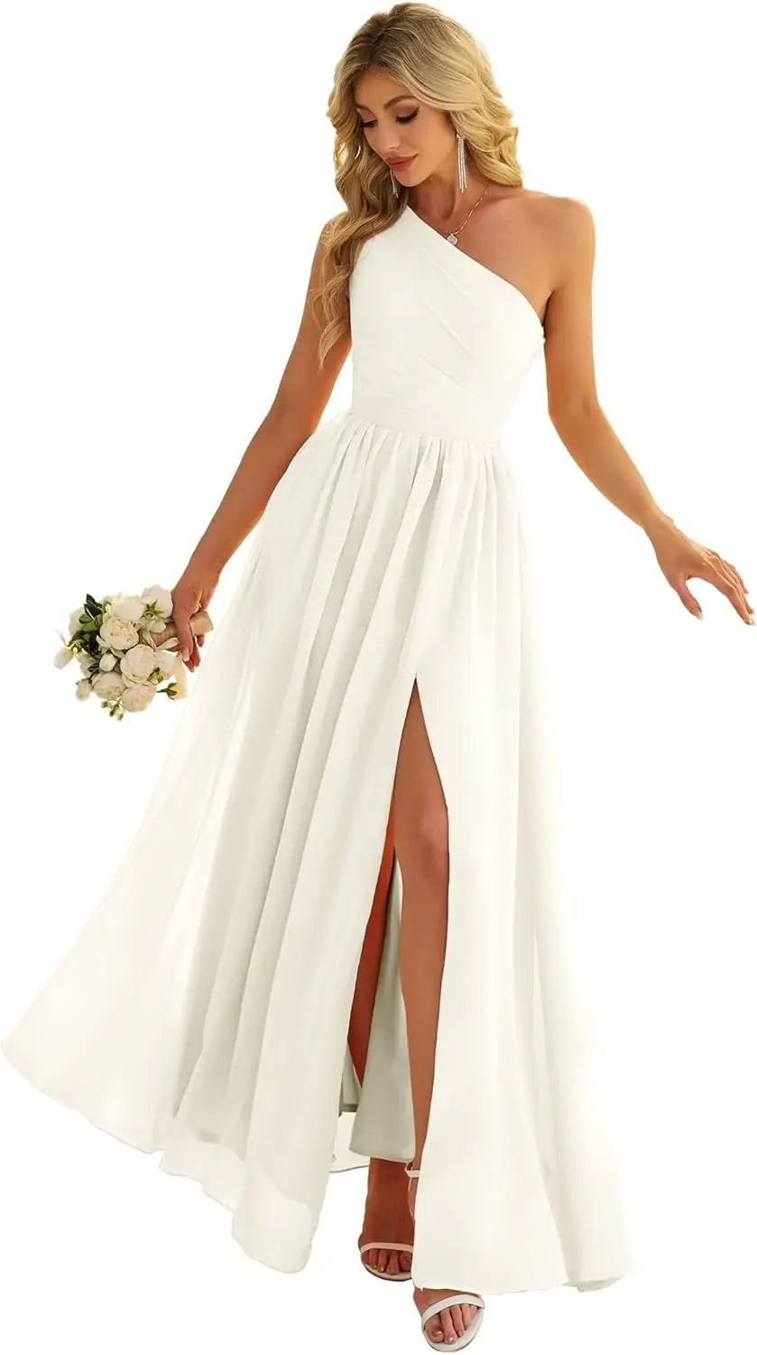 Women's One Shoulder Bridesmaid Dresses for Wedding Chiffon Side Split Reched Formal Evening Dress Sleeveless