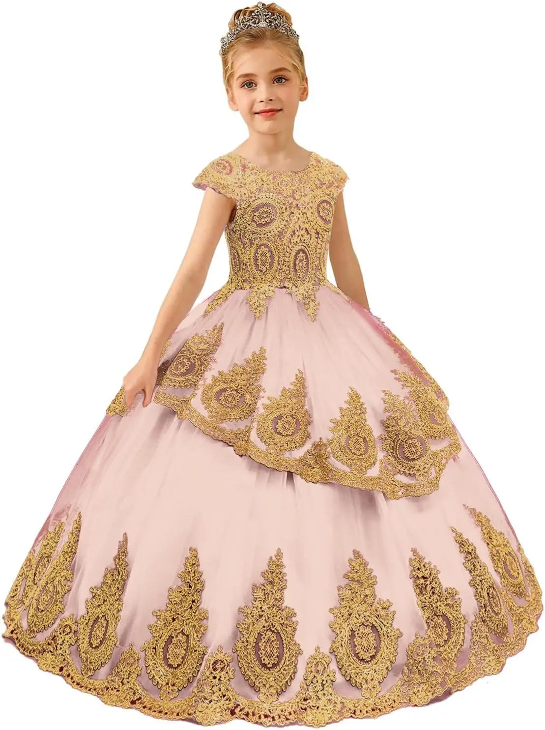 Perlenbesetzte Spitzenapplikationen Blumenmädchenkleid Erstkommunion Ballkleid Kinder Festzug Ballkleider Prinzessinnenkleid 