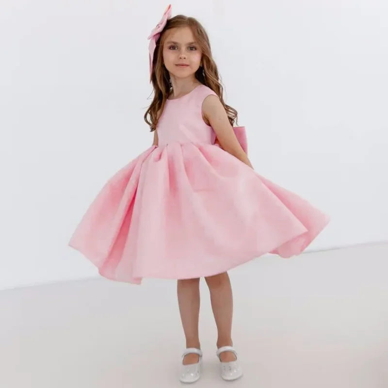 Prinzessin Kleid Blumenmädchen Kleider Orange Satin mit Schleife ärmellos für Hochzeit Geburtstag Party Erstkommunion Kleider 
