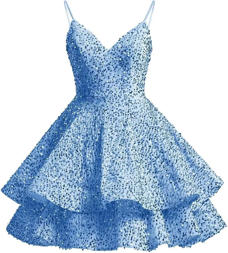 Sparkly Sequin Homecoming Dresses for Teens 2025 Short V Neck A Line Tiered Mini Formal Prom Cocktail Gown Above Knee Club Dress