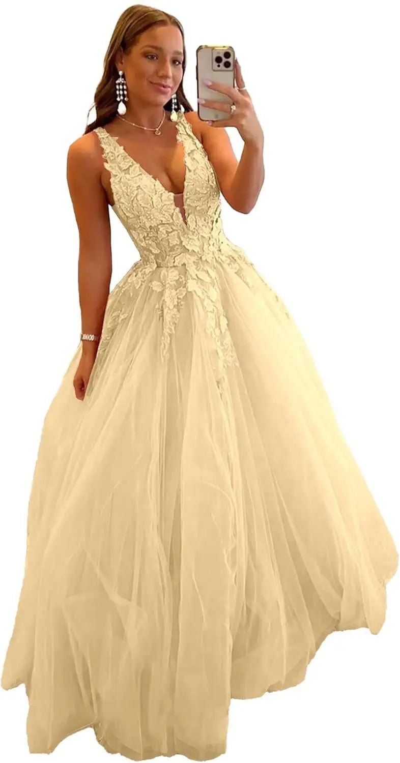 Tulle Prom Dresses for Women V Neck Applique Ball Gowns for Teens Women's Long Formal Evening Gowns with 3D Flower