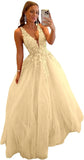 Tulle Prom Dresses for Women V Neck Applique Ball Gowns for Teens Women's Long Formal Evening Gowns with 3D Flower
