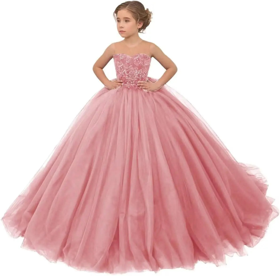 Tulle Flower Girls Dresses Lace Appliques Long Formal Princess Wedding Pageant Ball Gowns for Children