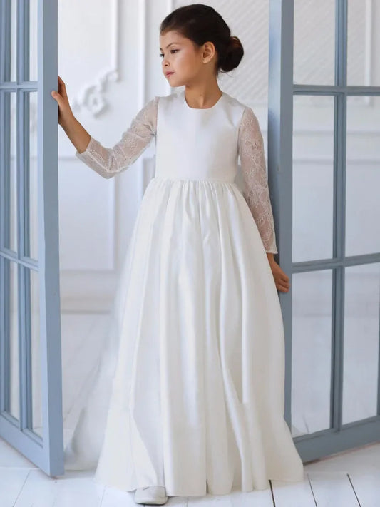 Vestidos de fiesta de cumpleaños personalizados para niña de las flores, con apliques de satén blanco y lazo, de manga larga para boda. 