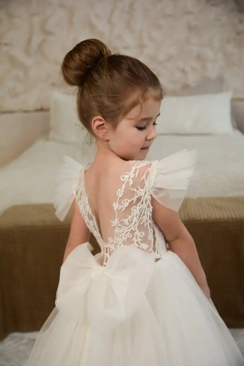 Elfenbeinfarbenes Blumenmädchenkleid, Ballkleid für Kleinkinder, Tutu, Erstkommunionkleider für Kinder, Festzugskleider für Mädchen, Prinzessinnen-Applikationen 