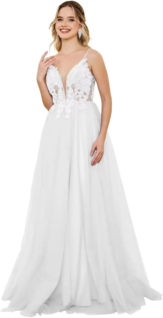 Vestidos de fiesta de tul con escote en V profundo para mujer, tirantes finos, apliques de encaje, vestidos de noche largos de corte A 