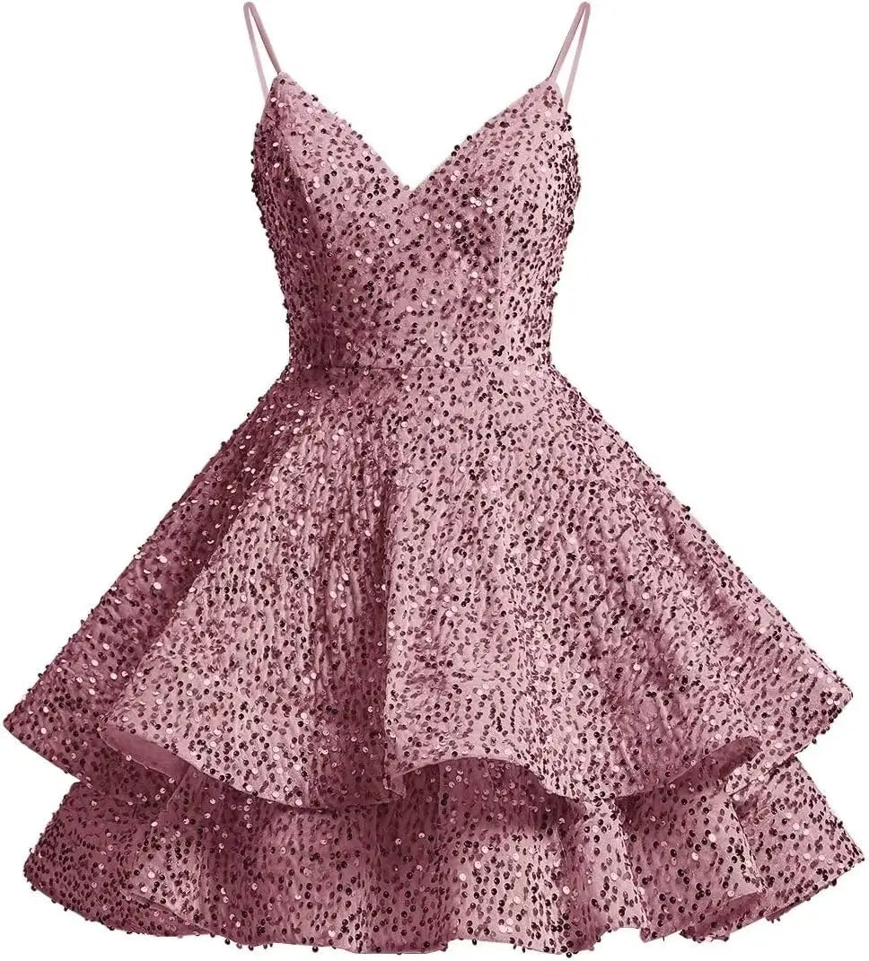 Sparkly Sequin Homecoming Dresses for Teens 2025 Short V Neck A Line Tiered Mini Formal Prom Cocktail Gown Above Knee Club Dress