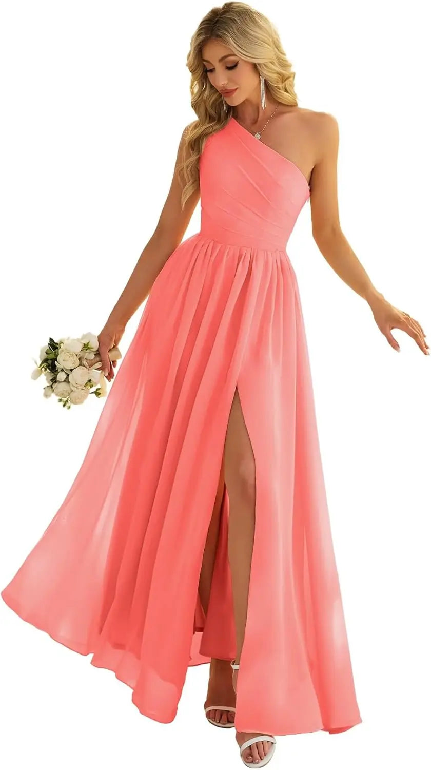 Women's One Shoulder Bridesmaid Dresses for Wedding Chiffon Side Split Reched Formal Evening Dress Sleeveless