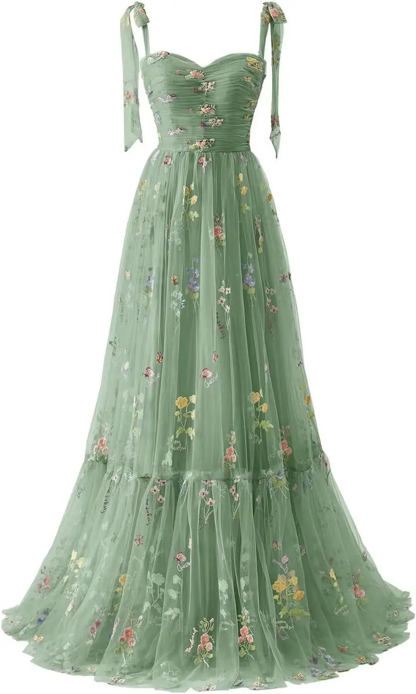 Women's Flower Embroidery Tulle Prom Dresses Corset Long Spaghetti Strap Fairy Ruched Formal Evening Party Gown Bridesmaid Dress
