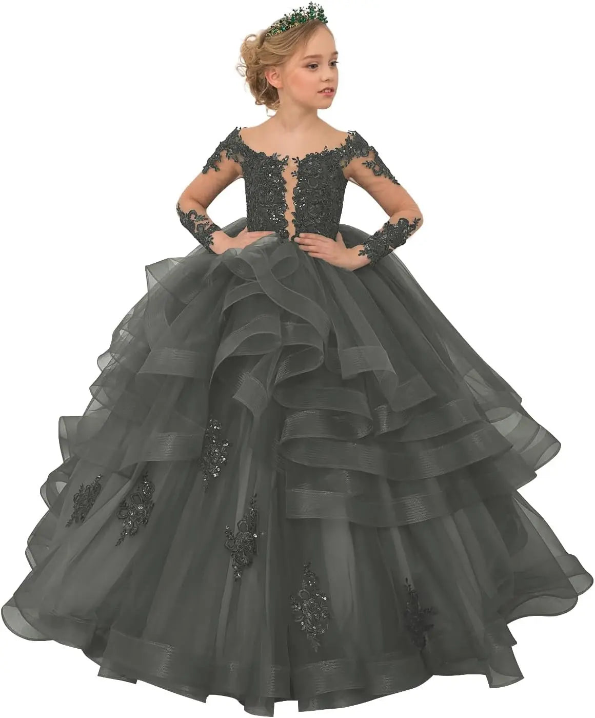 Long Sleeve Flower Girl Dresses Laces Applique Beaded Princess Pageant Dress Beaded Ruffle Tulle Kids Prom Party Gown
