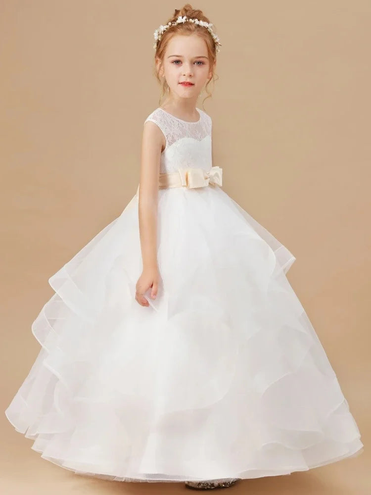 Birthday Holy Communion Gowns Flower Girl Dresses White Tiered Flory Appliques With Champagne Bow Belt Sleeveless For Wedding