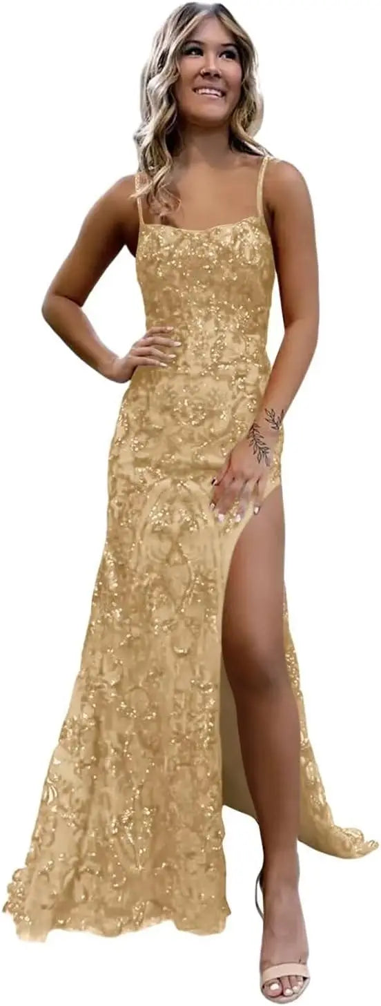 Vestidos de fiesta de sirena con lentejuelas brillantes para mujer, tirantes finos, vestido largo formal de noche con abertura, vestido de fiesta de boda 