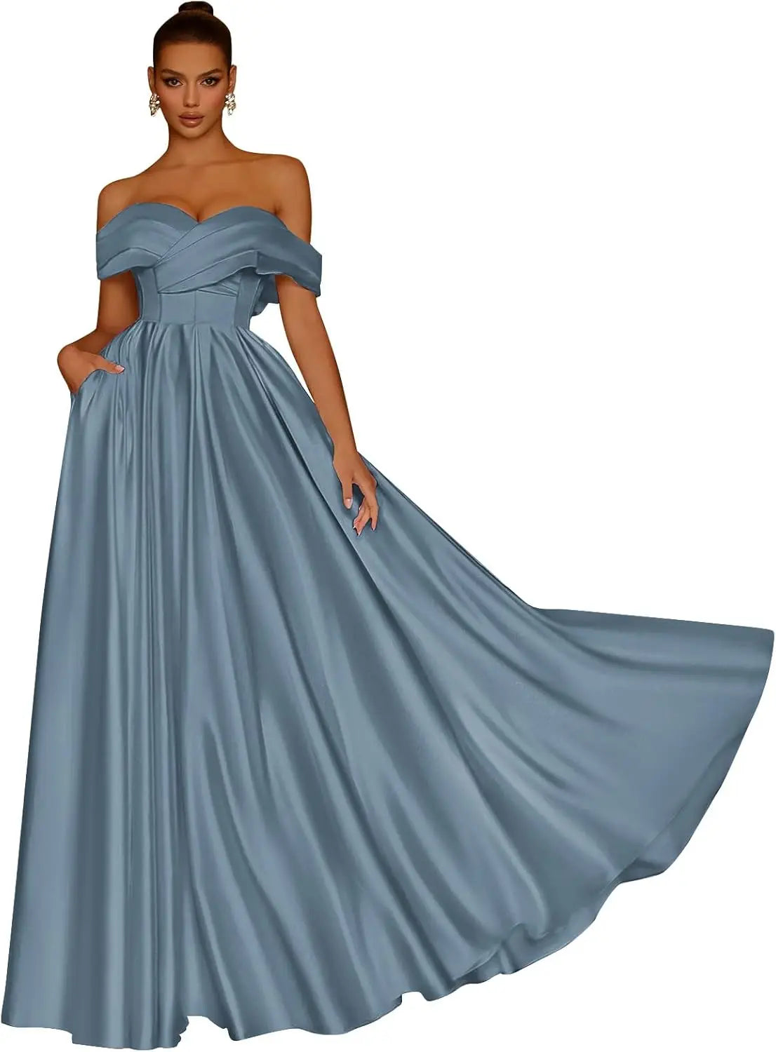 Damen Schulterfreies Satin-Ballkleid, lang, V-Ausschnitt, A-Linie, formelles Abendkleid mit Taschen, Ballkleid 