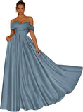 Damen Schulterfreies Satin-Ballkleid, lang, V-Ausschnitt, A-Linie, formelles Abendkleid mit Taschen, Ballkleid 