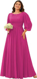 Chiffon Long Sleeves Bridesmaid Dresses Scoop Neck Pleated A Line Long Formal Dresses for Women Plus Size wedding guest dress