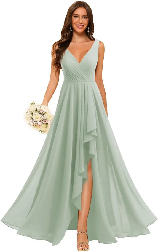 Women's V Neck Bridesmaid Dresses with Slit 2025 Chiffon A-line Formal Evening Gowns with Pockets bridesmaid dress for weddings