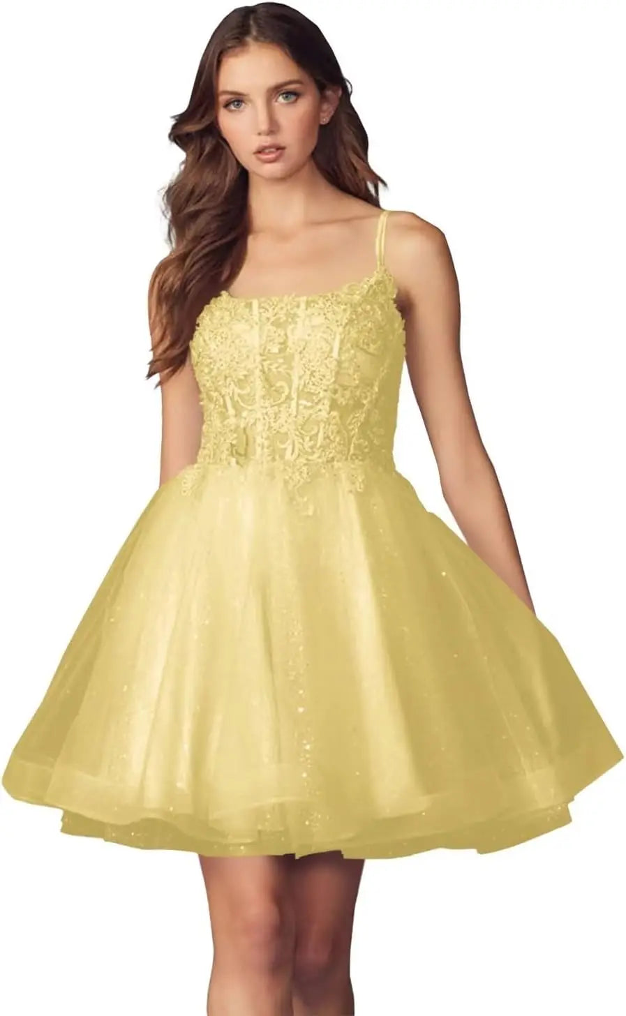 Kurzes Homecoming-Kleid mit Spitzenapplikationen aus Tüll für Teenager mit Spaghettiträgern, Cocktail-, Abschlussball- und Partykleider 
