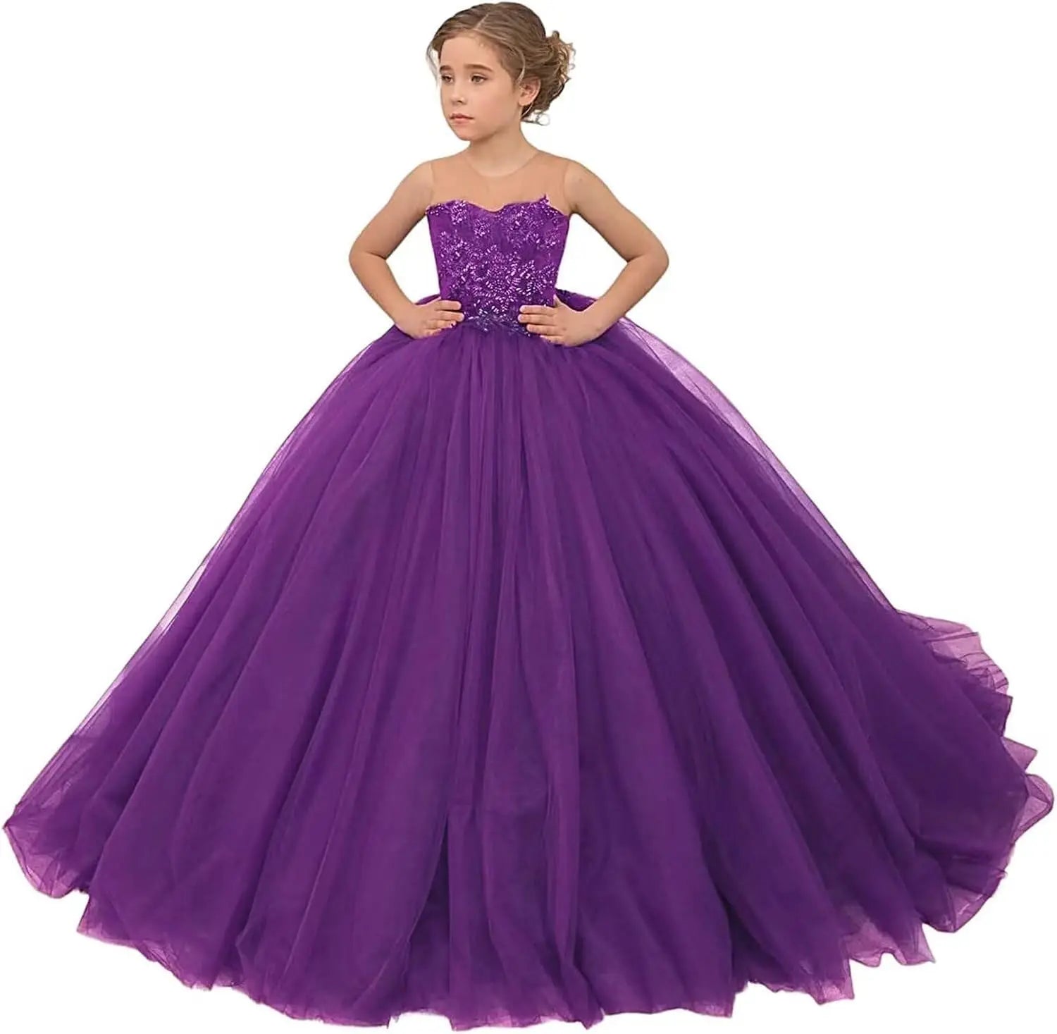 Tulle Flower Girls Dresses Lace Appliques Long Formal Princess Wedding Pageant Ball Gowns for Children