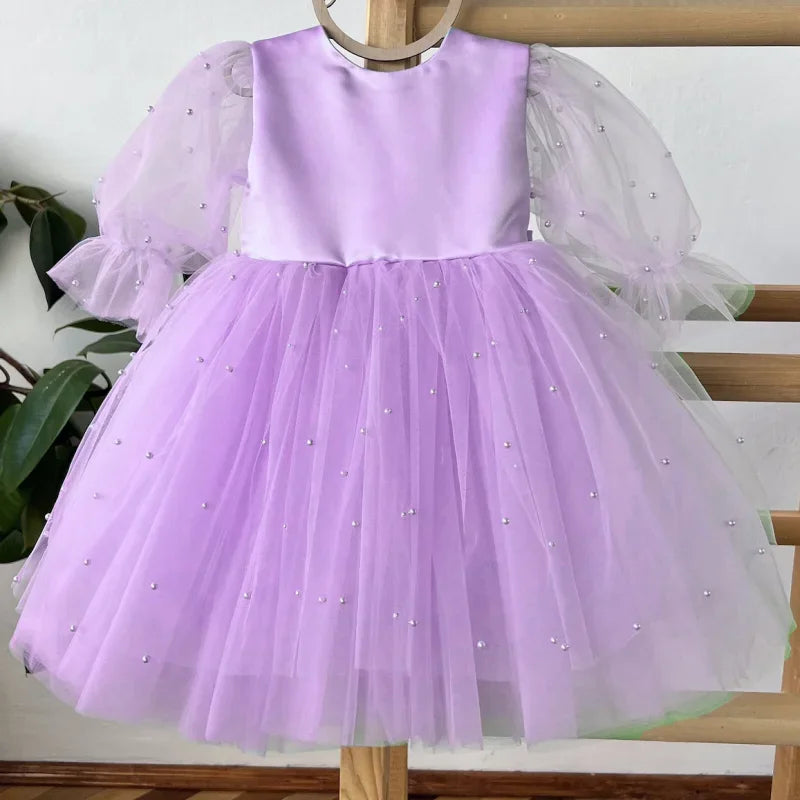Vestidos de primera comunión para fiesta de cumpleaños, vestidos de niña de las flores de tul azul con perlas abullonadas y lazo, manga larga para boda 
