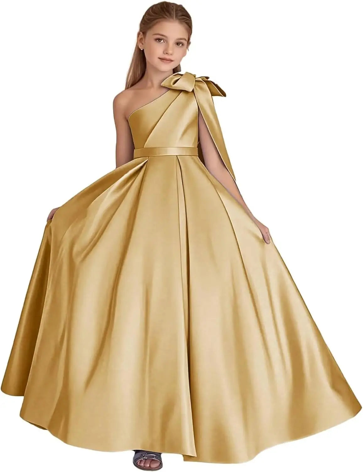 One-Shoulder-Satin-Blumenmädchenkleider, lange Festzugskleider für Mädchen, Ballkleid mit Schleife, Prinzessinnenkleid, Partykleider