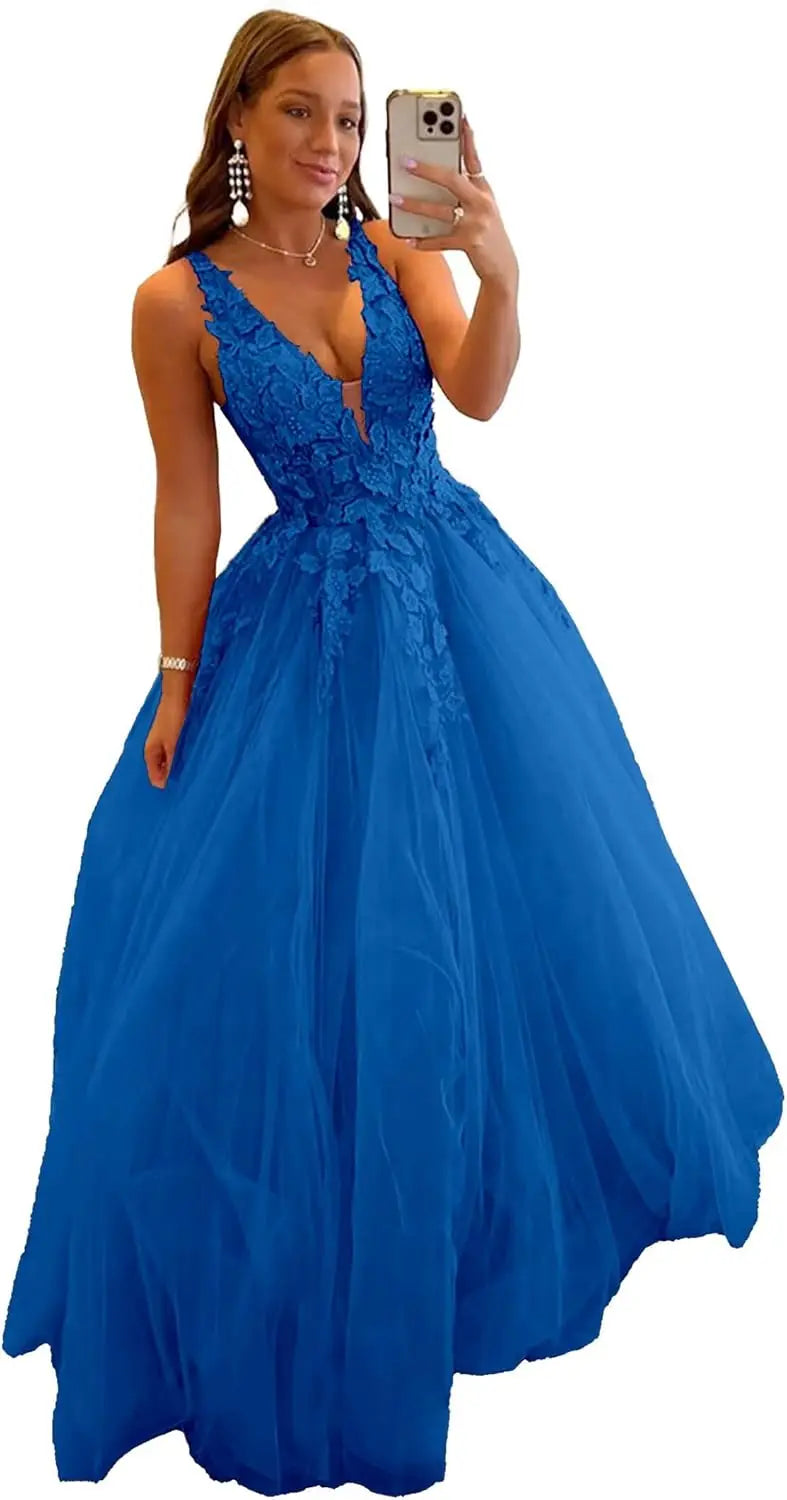 Tulle Prom Dresses for Women V Neck Applique Ball Gowns for Teens Women's Long Formal Evening Gowns with 3D Flower