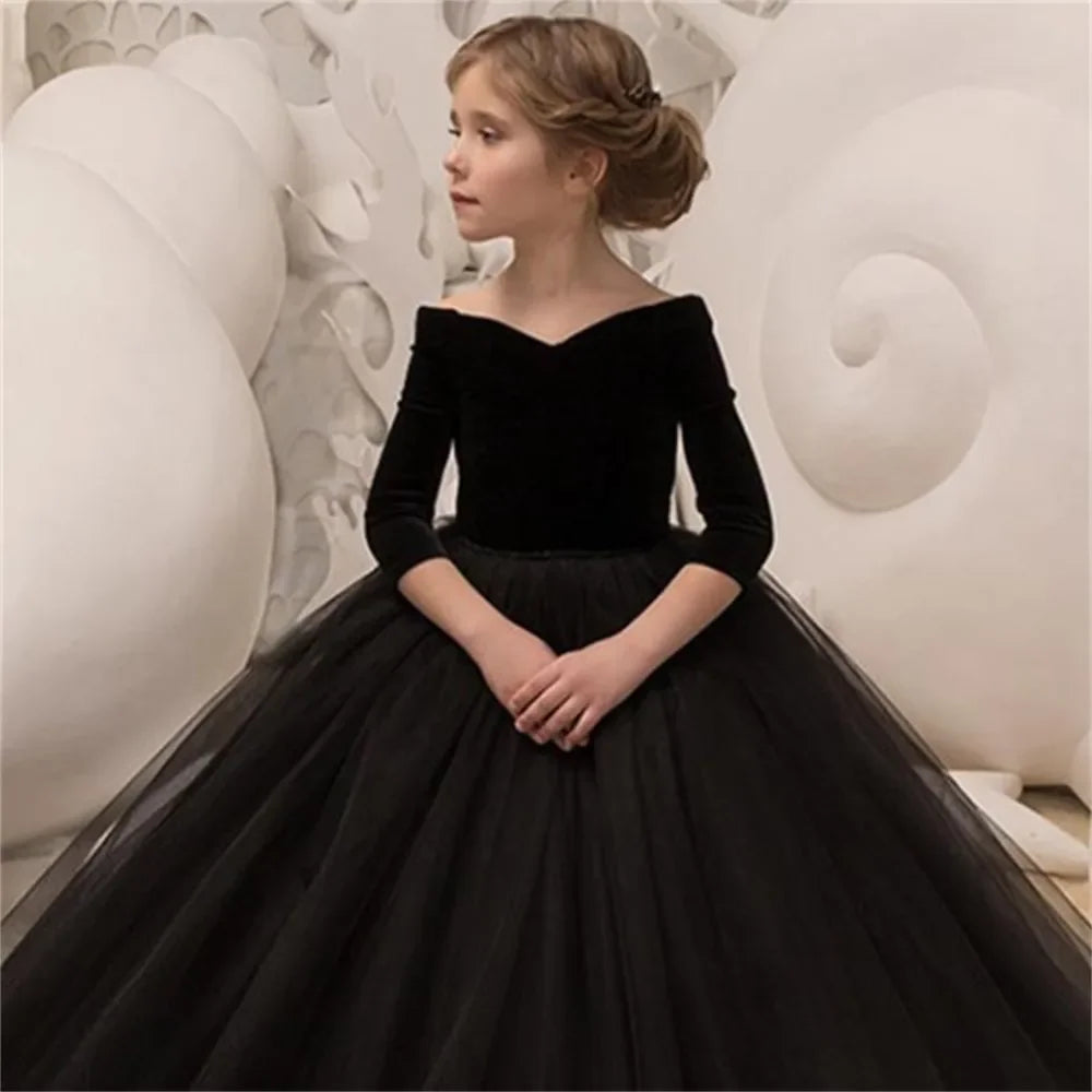 Formal Party Dream Kids Black Flower Girl Dress Floor Length Elegant Tulle Lace Floor Length Princess First Communion Dresses