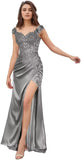 Elegant Satin Prom Dresses for Women Long 2025 3D Flower Lace Applique Off Shoulder Formal Evening Wedding Party Gown with Slit