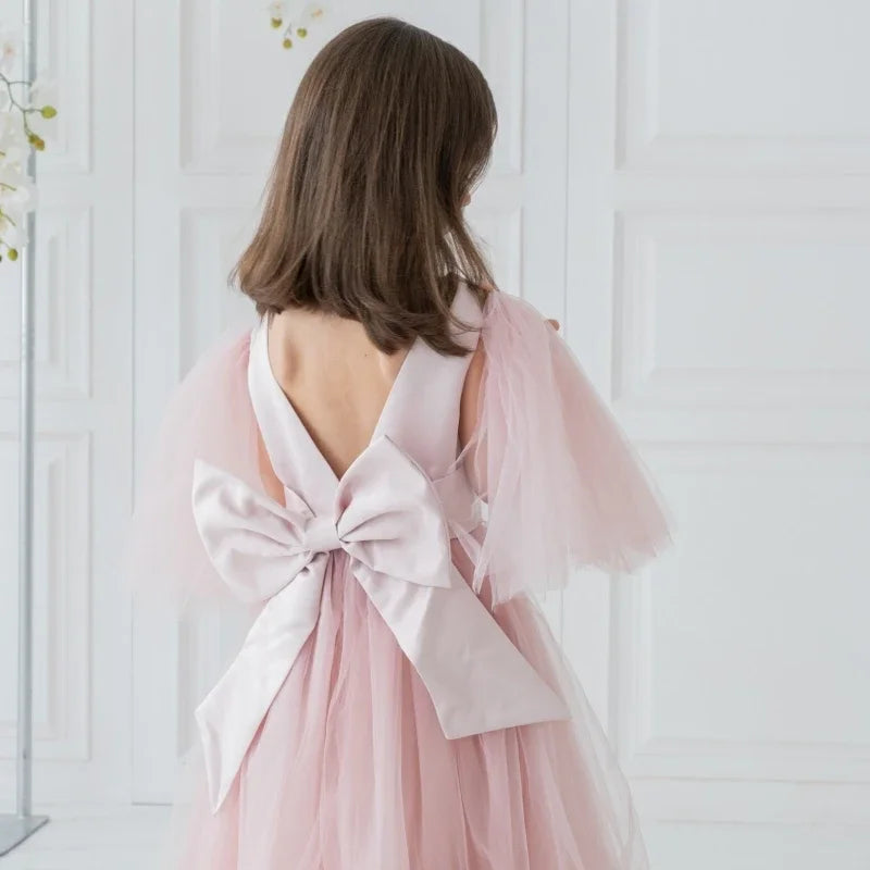 Vestido de princesa de tul rosa con lazo y manga corta para bodas, fiestas de cumpleaños, banquetes, vestidos de princesa, vestidos de niña de las flores 