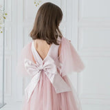 Vestido de princesa de tul rosa con lazo y manga corta para bodas, fiestas de cumpleaños, banquetes, vestidos de princesa, vestidos de niña de las flores 