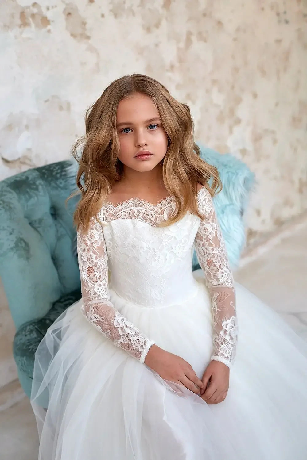 Boho Tüll Elfenbein Weiß Spitze Schleife Mädchen Erstkommunion Kleid Junior Brautjungfernkleid Maßgeschneidert Vollärmeliges Blumenmädchenkleid 