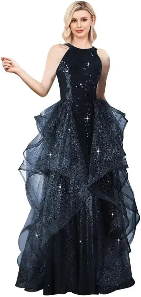 Vestidos de fiesta con lentejuelas y cuello halter, hechos a medida, con capa, 2025, de tul brillante, con abertura en forma de A, para boda, noche y fiesta. 