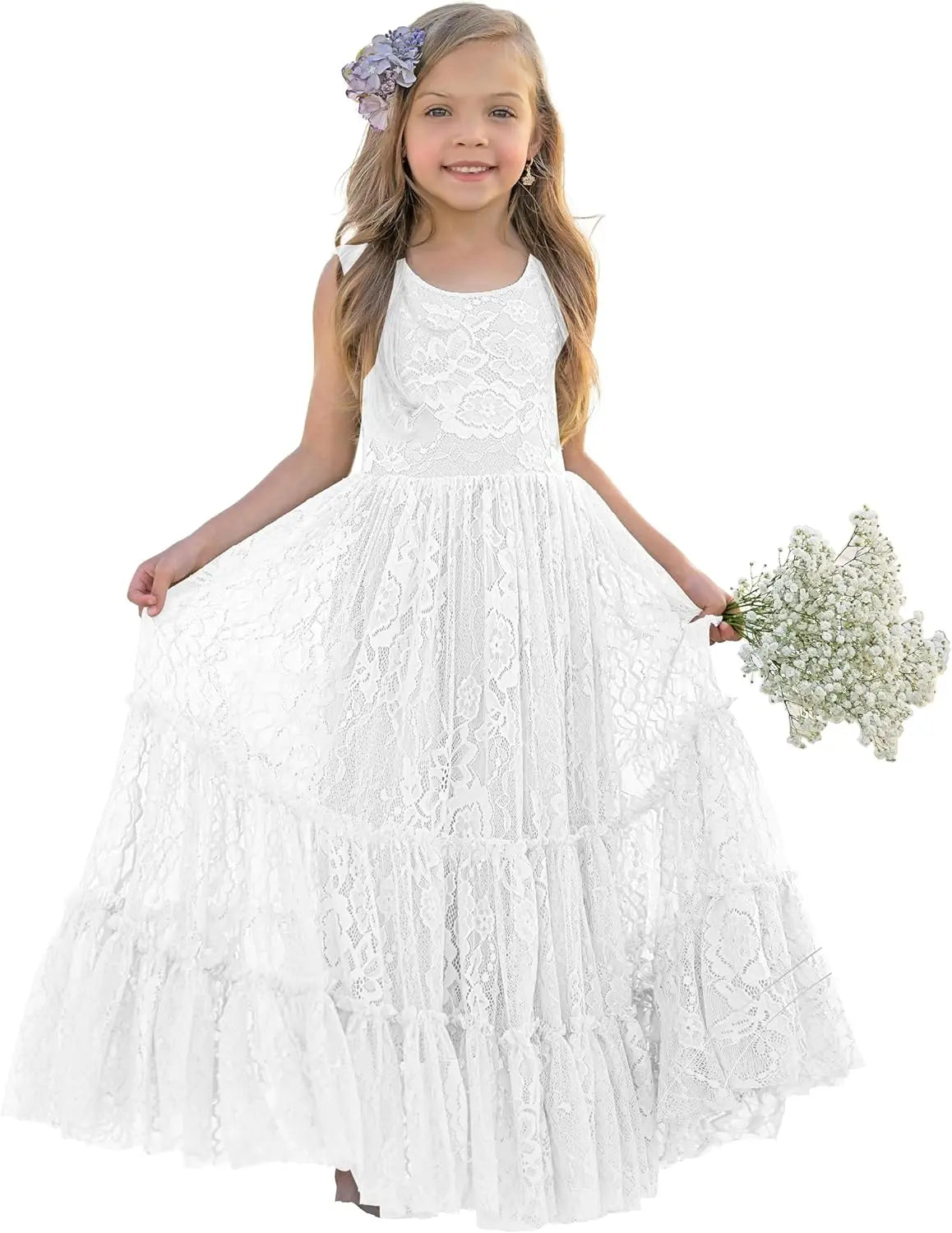Blumenmädchenkleid Spitze Boho Kleinkindkleider Rüschen Mädchenkleid für Hochzeit Gartenparty Urlaub Kommunion Ärmellos Prinzessin 