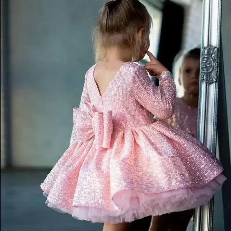 Vestido de princesa con cuello en V para niña, para fiesta de cumpleaños, primera comunión, precioso vestido de niña de las flores para boda, lazo, lentejuelas, volantes 