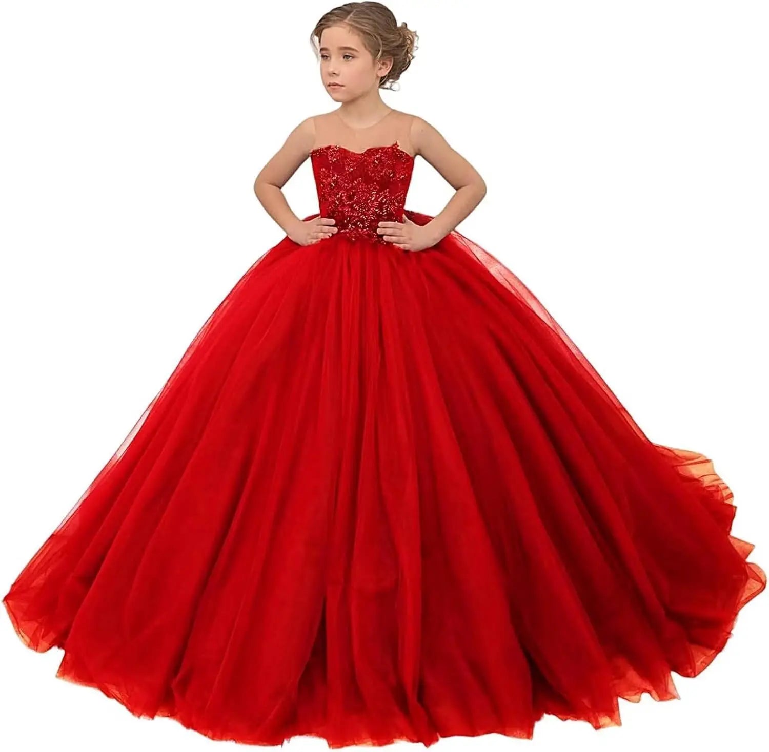 Tulle Flower Girls Dresses Lace Appliques Long Formal Princess Wedding Pageant Ball Gowns for Children