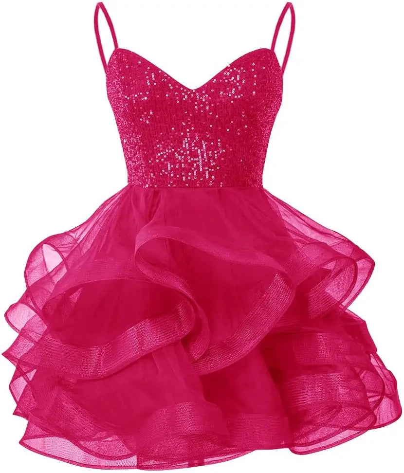 Vestidos de fiesta de tul para adolescentes, con tirantes finos y lentejuelas, vestidos de fiesta cortos, minivestidos de cóctel en capas, vestidos de dama de honor 