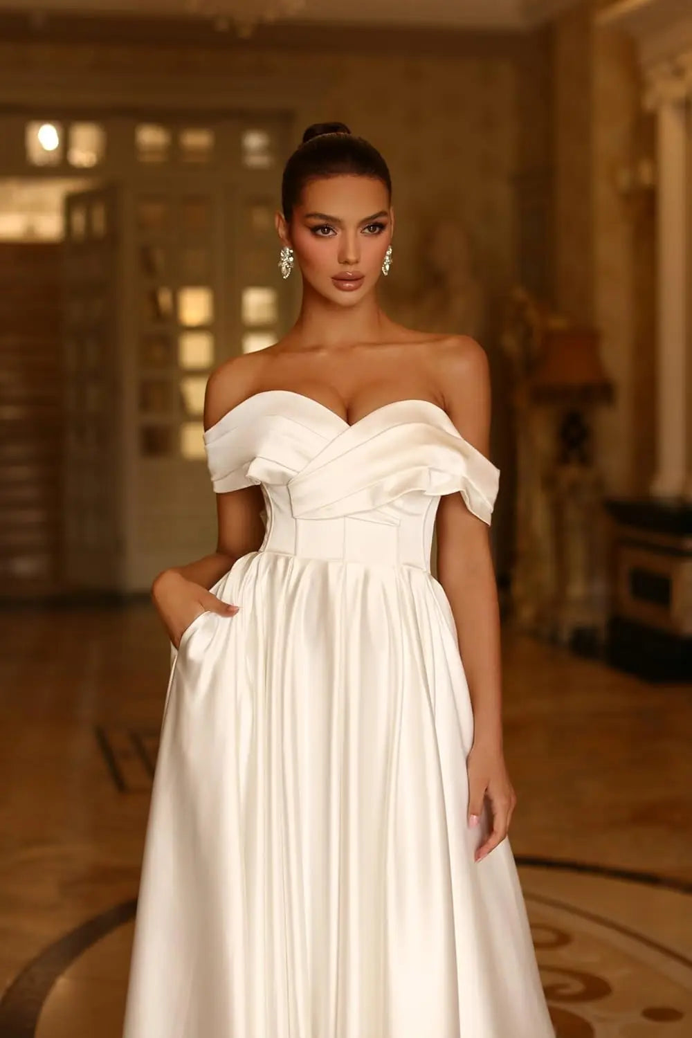 Damen Schulterfreies Satin-Ballkleid, lang, V-Ausschnitt, A-Linie, formelles Abendkleid mit Taschen, Ballkleid 