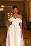 Damen Schulterfreies Satin-Ballkleid, lang, V-Ausschnitt, A-Linie, formelles Abendkleid mit Taschen, Ballkleid 