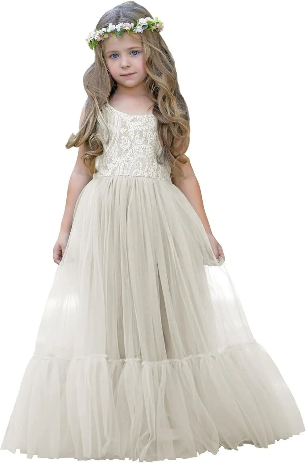 Blumenmädchenkleid Spitze/Tüll Boho Kleinkindkleider Rüschenmädchenkleid für Hochzeit Gartenparty Kommunion Strand Prinzessinnenkleid 