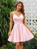 Vestidos de satén con escote en V para adolescentes, vestidos cortos de fiesta de graduación, tirantes finos, vestidos de cóctel con bolsillos, vestidos de dama de honor 
