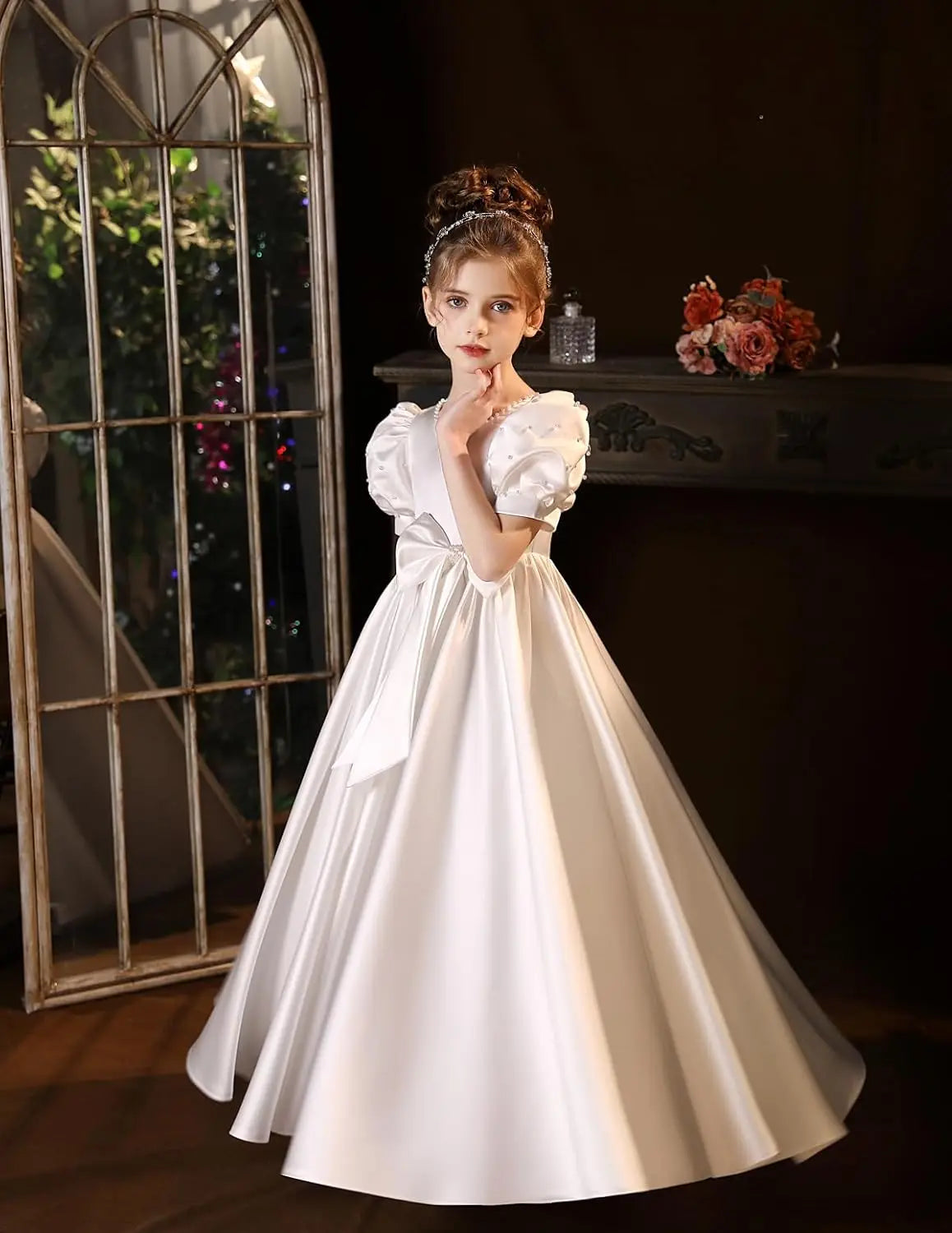 Satin First Communion Dress Flower Girl Dresses for Wedding Pearls Princess Pageant Dress with Bow-Knot