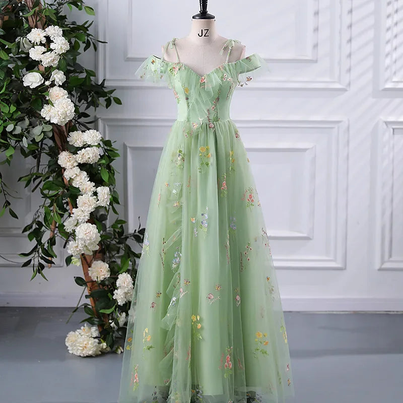 New Spaghetti Strap Evening Dresses Sweet Embroidery Flower Tulle Party Dress Elegant Long A-line Prom Dresses Customized
