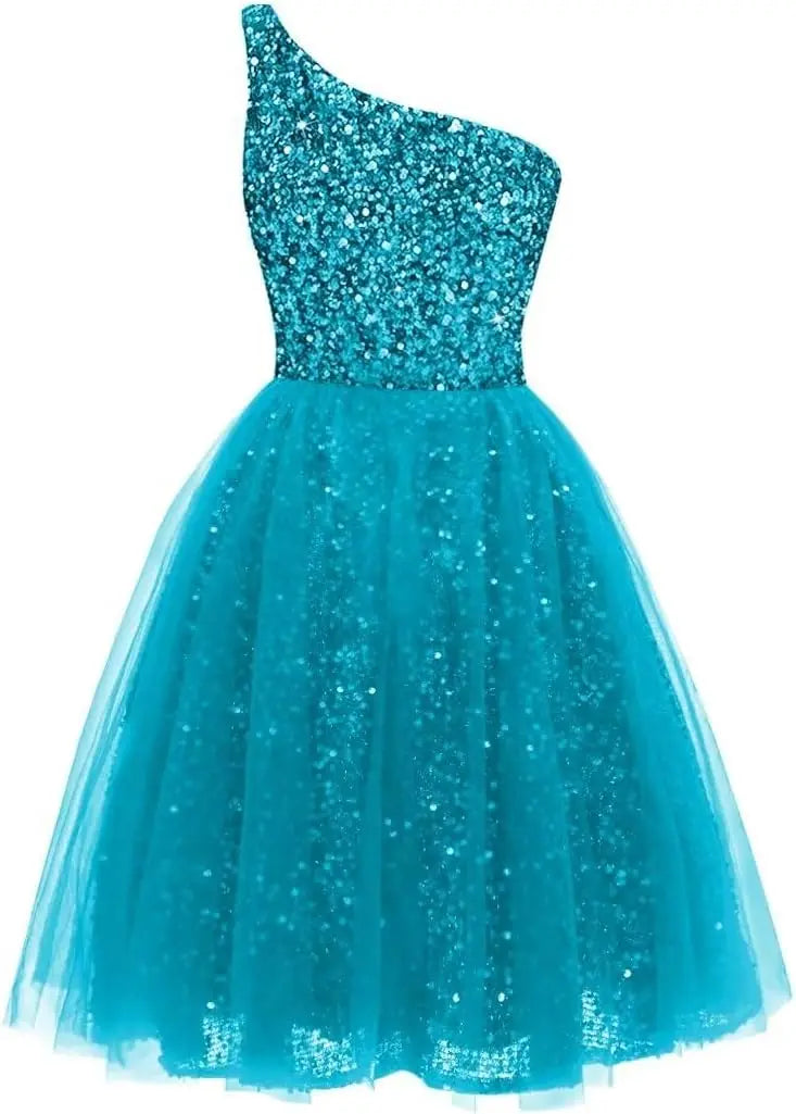 One Shoulder Sequin Homecoming Dresses Short Tulle Prom Dresses for Women A Line Princess Formal Cocktail Gown Gowns