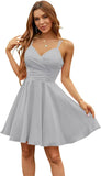 Vestidos de satén con escote en V para adolescentes, vestidos cortos de fiesta de graduación, tirantes finos, vestidos de cóctel con bolsillos, vestidos de dama de honor 