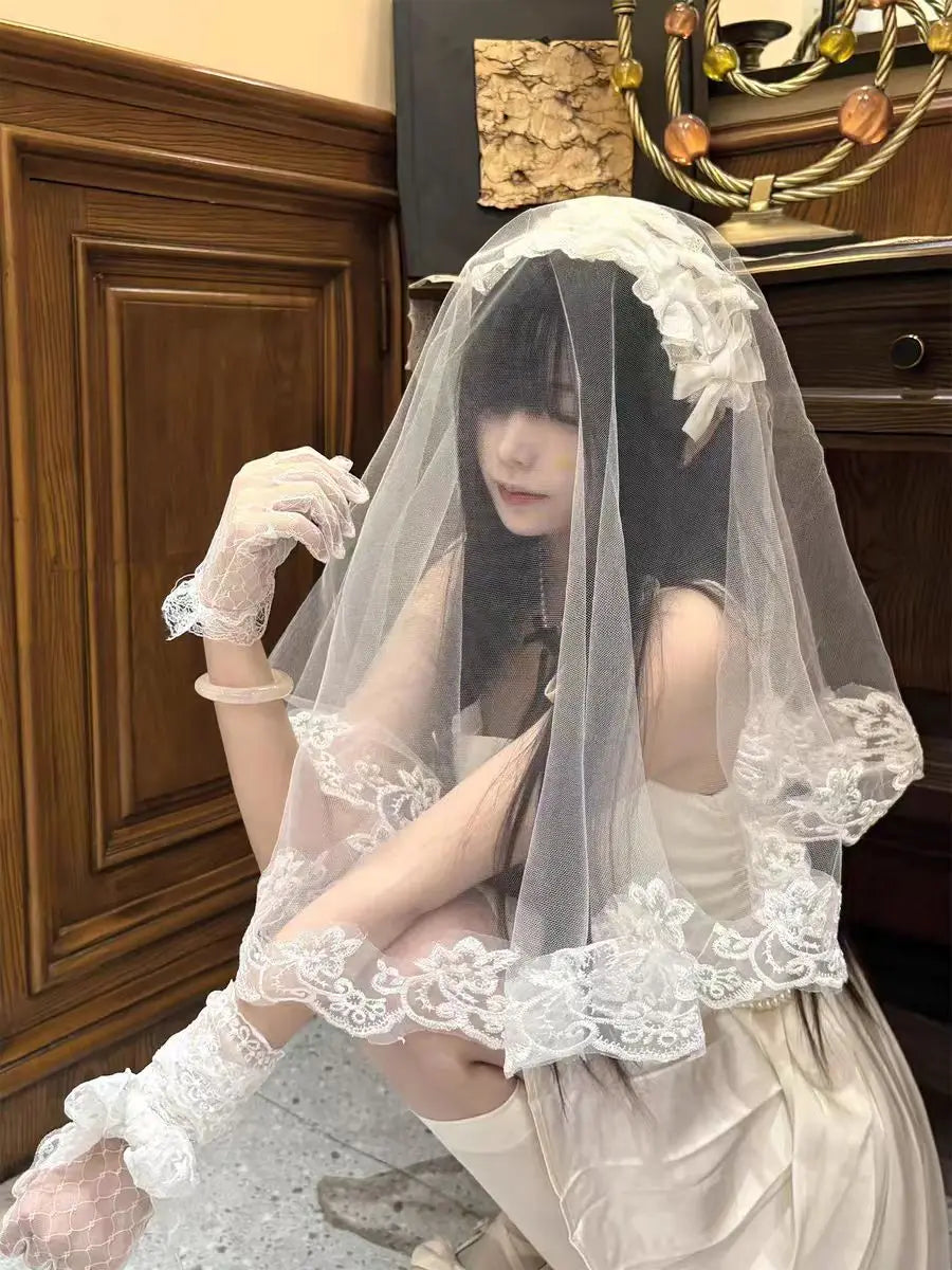 White Ivory Red Black Bridal Veil Lace Short Elbow Wedding Tulle Appliques Embroidery Edge Long Cathedral Bride Veils 1.4M 265cm