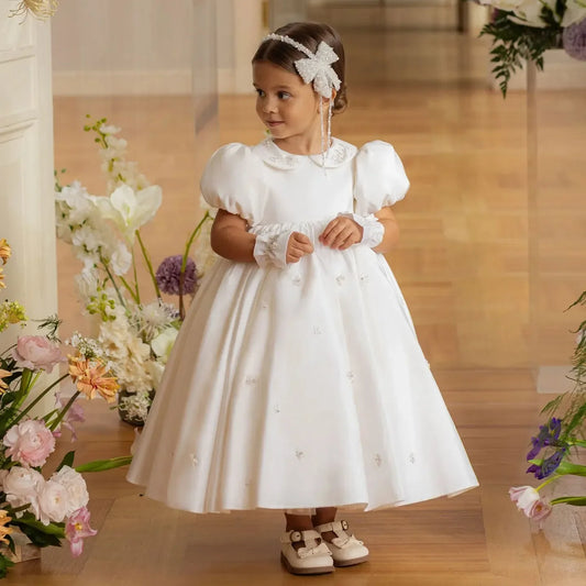 Vestido de desfile para boda, de satén con cuentas, largo hasta los tobillos, estilo princesa, para fiesta de cumpleaños, primera comunión, blanco, para niña de las flores 