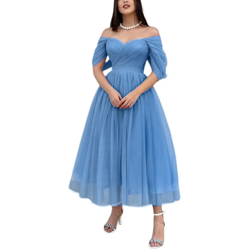 Tulle Sweetheart A-line Evening Dresses Off the Shoulder Tea-Length Formal Dress With Pleats & Bow Elegant Lace Up Prom Gowns