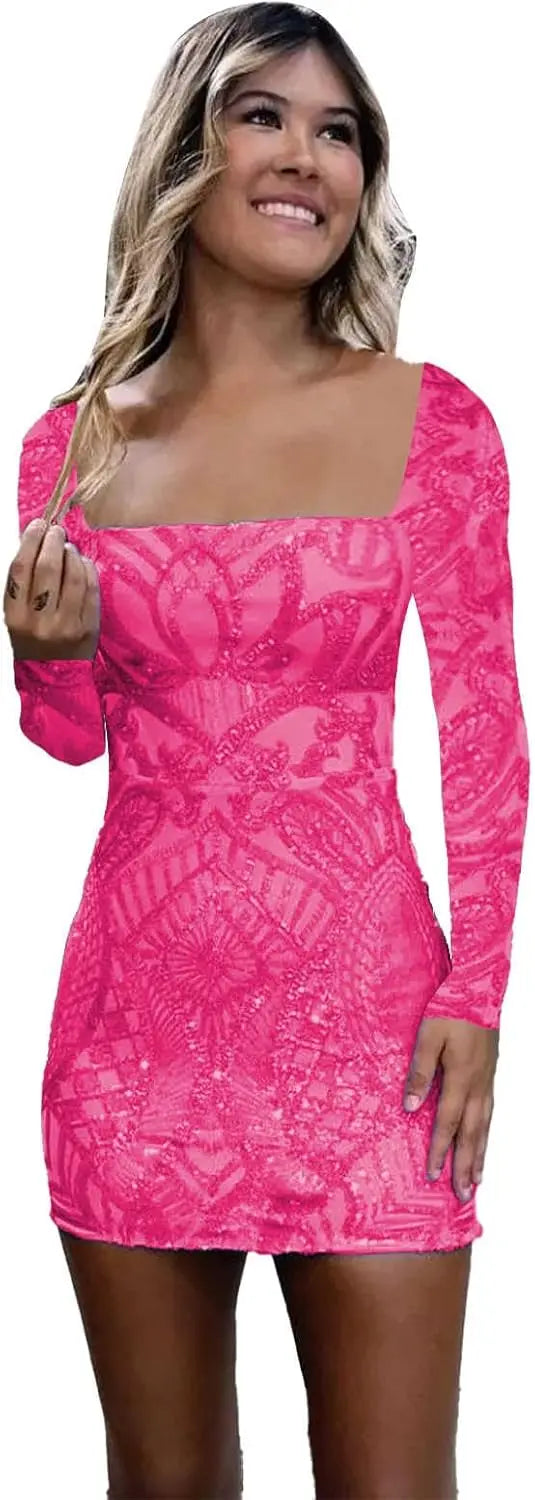 Vestidos de fiesta de manga larga con lentejuelas y encaje para mujer, cortos, ajustados, brillantes, con escote cuadrado, para cóctel o fiesta. 
