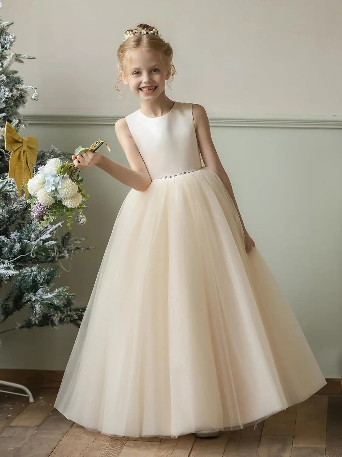 Flower Girl Dresses for Wedding Puffy Satin Tulle Princess Pageant Dress for Girls Crew Neck Tulle Bow Prom Ball Gowns