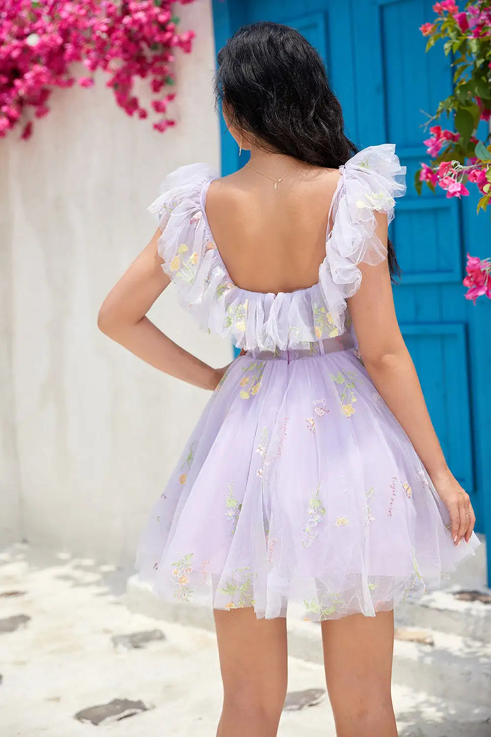 Floral Embroidery Off the Shoulder Mini Homecoming Dresses Sweetheart Tulle Pleats Ruffle Spaghetti Straps Adjustable Prom Dress