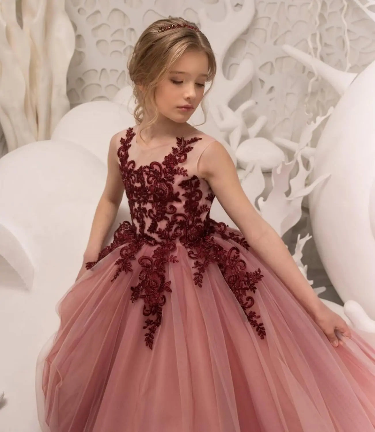 Festzugskleider für Mädchen, Spitzenapplikation, Blumenmädchenkleid, Tüll, Festzugskleid für Mädchen, lang, ärmellos, Prinzessinnen-Party-Ballkleid 